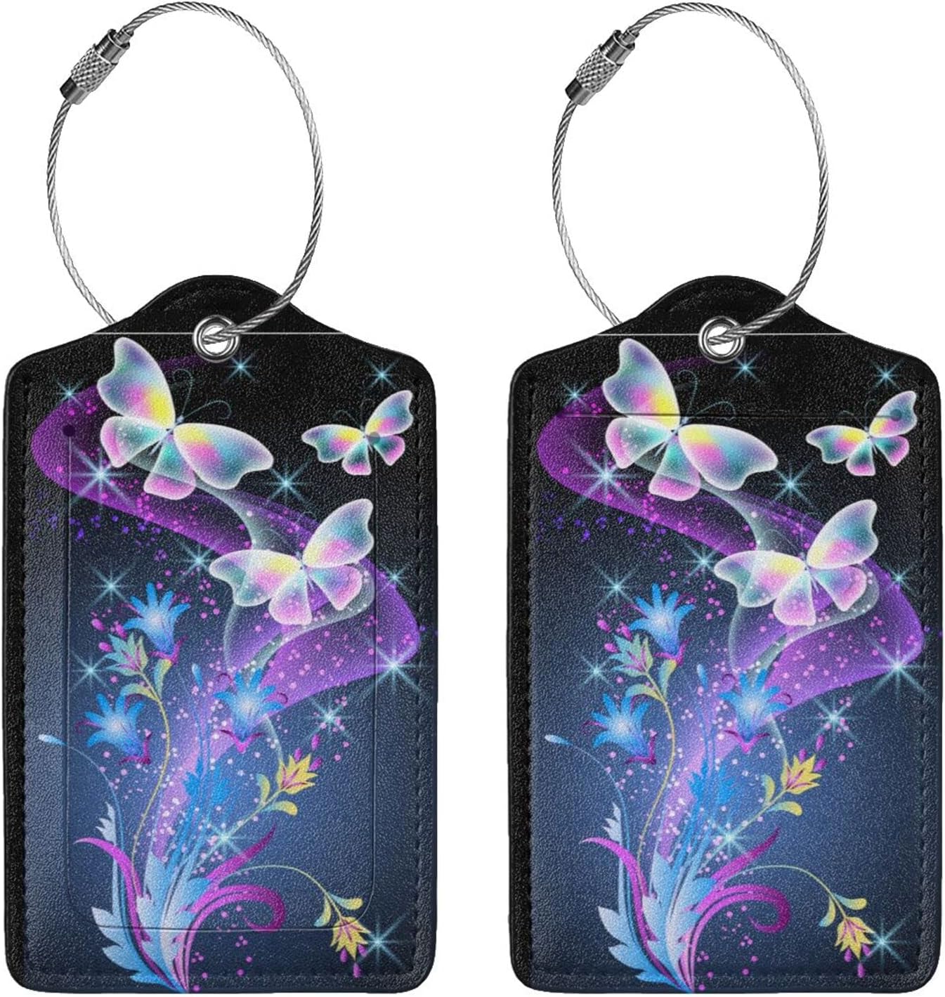 2Pcs Glowing Flowers and Butterfly Luggage Tags, Colorful Fancy Name ID Identifier Labels for Suitcase Baggage Travel Bag, Shine Aesthetic Leather Bag Tags with Full Privacy Cover