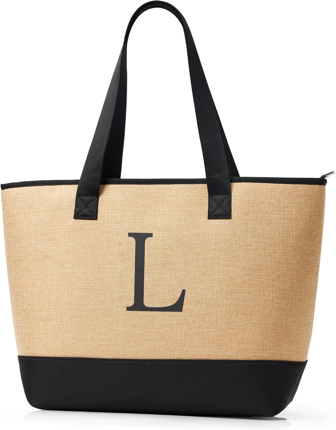 KALIDI Woven Tote Bag for Women, Lightweigh Monogram Beach Bag with Zipper & Sand-Proof Canvas Base, Personalized Gift