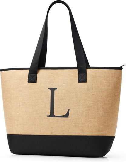 KALIDI Woven Tote Bag for Women, Lightweigh Monogram Beach Bag with Zipper & Sand-Proof Canvas Base, Personalized Gift