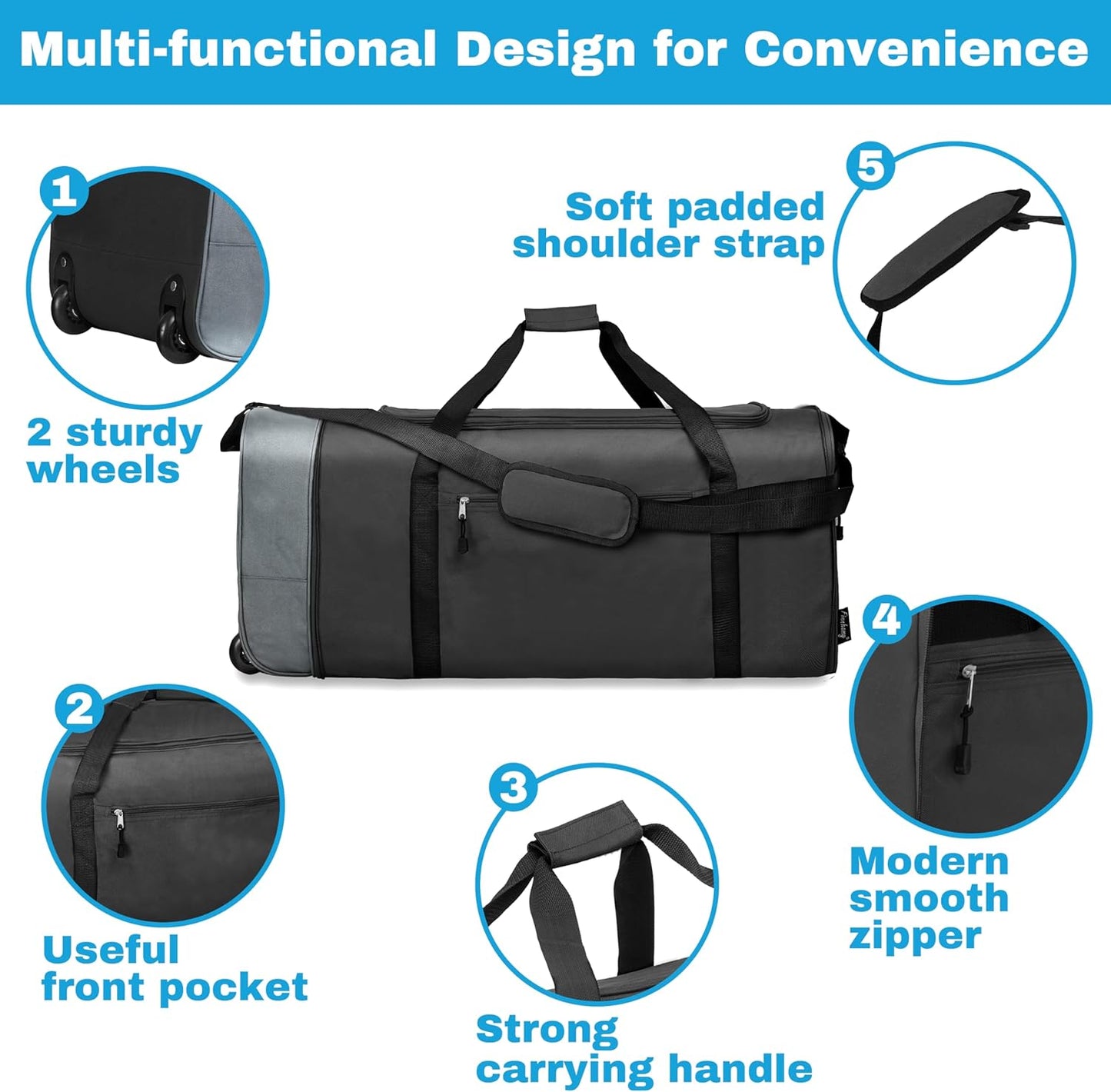 Finnhomy 100L Foldable Rolling Duffel Bag with 2 Wheels, Light Weight Travel Duffel bag with Large Loading Capacity, 32 inch Rolling Duffel bag with Shoulder Strap for Travel Camping Sports