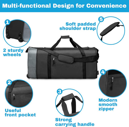 Finnhomy 100L Foldable Rolling Duffel Bag with 2 Wheels, Light Weight Travel Duffel bag with Large Loading Capacity, 32 inch Rolling Duffel bag with Shoulder Strap for Travel Camping Sports