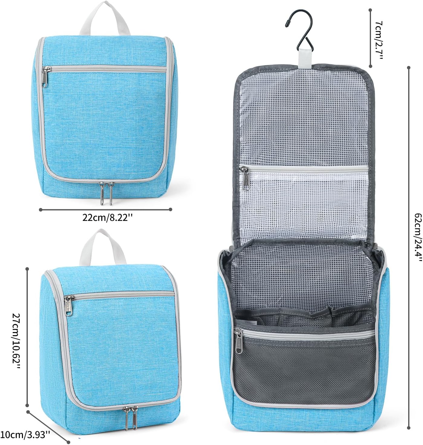 Della Gao Hanging Toiletry Bag for Men & Women, Portable Travel Cosmetic Makeup Bag Toiletries Organizer Kit, Water Resistant Bathroom Bag, Blue