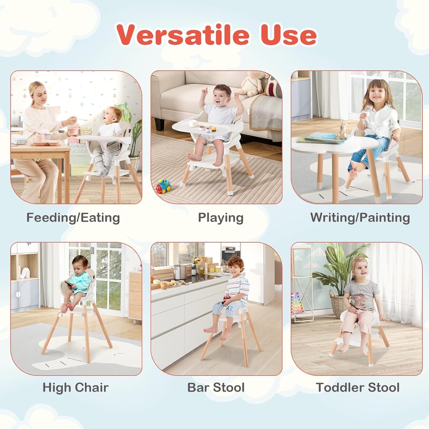 HONEY JOY Baby High Chair, 6 in 1 Convertible Wooden Highchair for Babies and Toddlers/Chair/Bar Stool, Removable Double Tray & Reversible Footrest, Safety Harness for Infant Boys Girls (Beige)