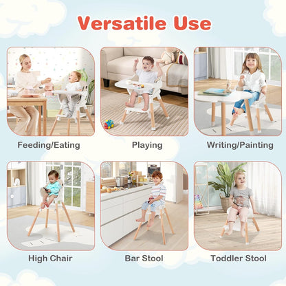 HONEY JOY Baby High Chair, 6 in 1 Convertible Wooden Highchair for Babies and Toddlers/Chair/Bar Stool, Removable Double Tray & Reversible Footrest, Safety Harness for Infant Boys Girls (Beige)