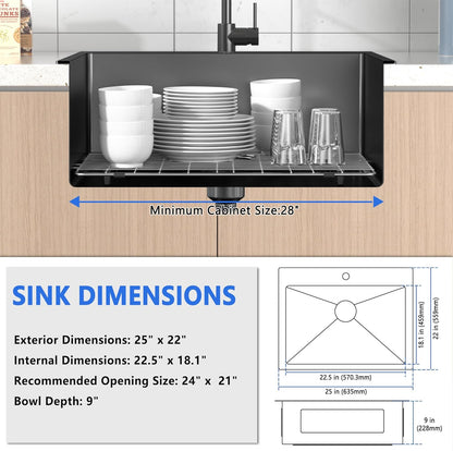 25x22 Inch Black Drop In Kitchen Sink, 25 Inch Gunmetal Black Kitchen Sink Top Mount 18 Gauge Stainless Steel Single Bowl Deep KitchenSink With Grid Handmade KitchenSink Drop In
