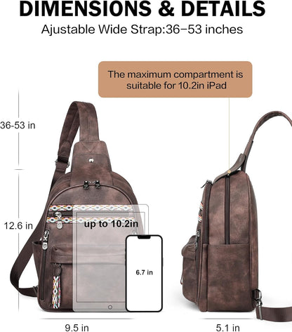 FADEON Large Sling Bag for Women, Leather Crossbody Purse Designer Anti Theft Sling Backpack, RFID Fanny Packs for Travel