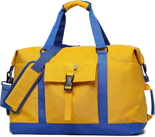 SUNNY BIRD Duffel with Utility Pouch, 40L Weekender Overnight Bag with Shoe Compartment for Travel and Sports (Yellow and blue)