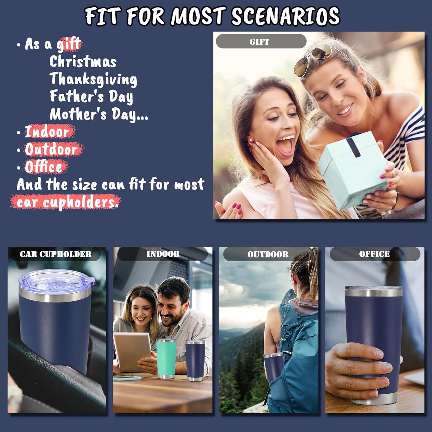 20 oz Tumbler with lid Double Wall Vacuum Insulated Tumblers Stainless Steel Coffee Mug Travel Coffee Tumbler Powder Coated Tumbler Cup Keep Hot&Cold - (Navy 1 Pack)