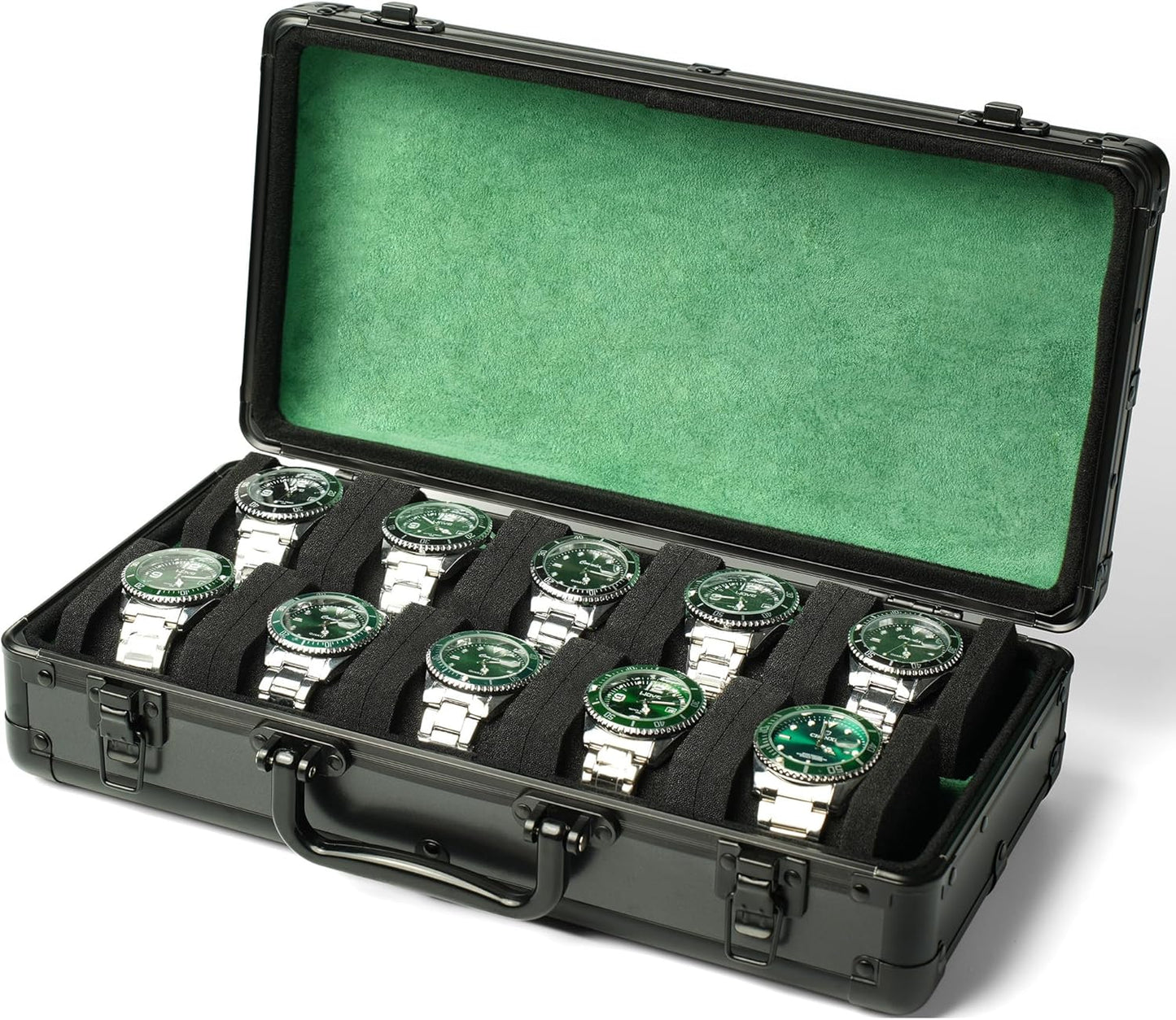 10 slots Watch organizer Case, Aluminum watch storage box, hard watch travel box, padded case for watch display and organization