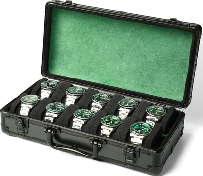 10 slots Watch organizer Case, Aluminum watch storage box, hard watch travel box, padded case for watch display and organization