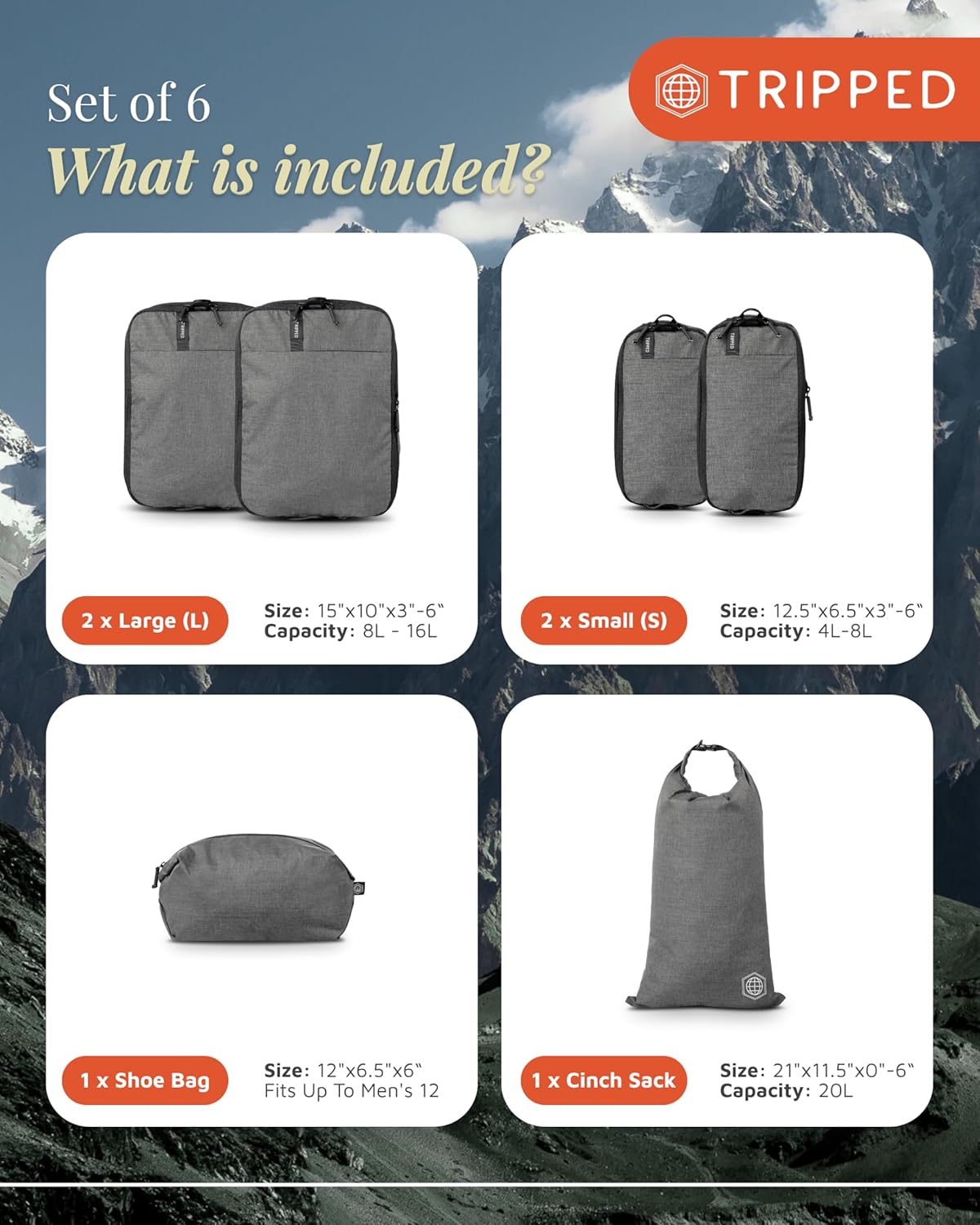 Premium Compression Packing Cubes for Travel, Compression Packaging Cube, Zip Bags Premium 6-Piece Set with laundry bag and shoe bag by TRIPPED Travel Gear (Grey)