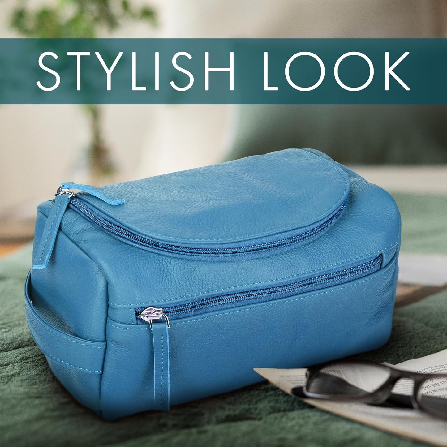 ELIZO Premium REAL Leather Toiletry Bag for Men Dopp Kitt Hanging Mens Toiletry Large TSA Toiletries Bag Shaving Grooming Bag Organizer Espresso (Blue, Large)