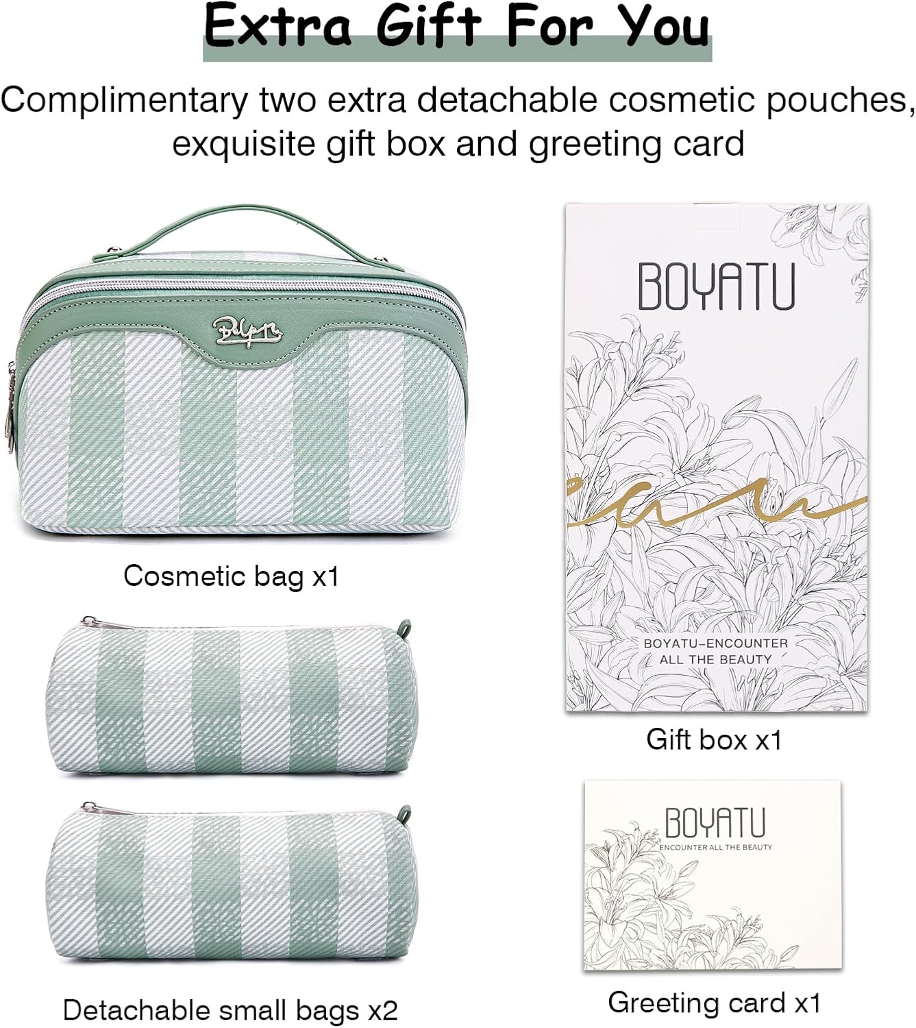 BOYATU Makeup Bag Travel Cosmetic Bag: 3 Pcs Set Portable Make up Bags for Women with Handle - Waterproof Vegan Leather Toiletry Organizer Bags with Comparments (F-02-Green)