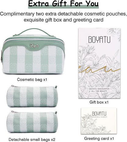 BOYATU Makeup Bag Travel Cosmetic Bag: 3 Pcs Set Portable Make up Bags for Women with Handle - Waterproof Vegan Leather Toiletry Organizer Bags with Comparments (F-02-Green)