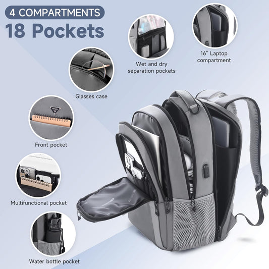 Multipocket TSA Travel Laptop Backpack for Men, Anti-Theft Business Daypacks, Airline Approved Personal Item Work Bag,Water Resistant 16 Inch Work Computer Backpack