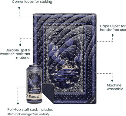 Rumpl Original Puffy Blanket - Warm, Water-Resistant Camping Blanket with 100% Recycled Synthetic Insulation, 52"x75", Original Puffy V2, Midnight Mesa Bandana
