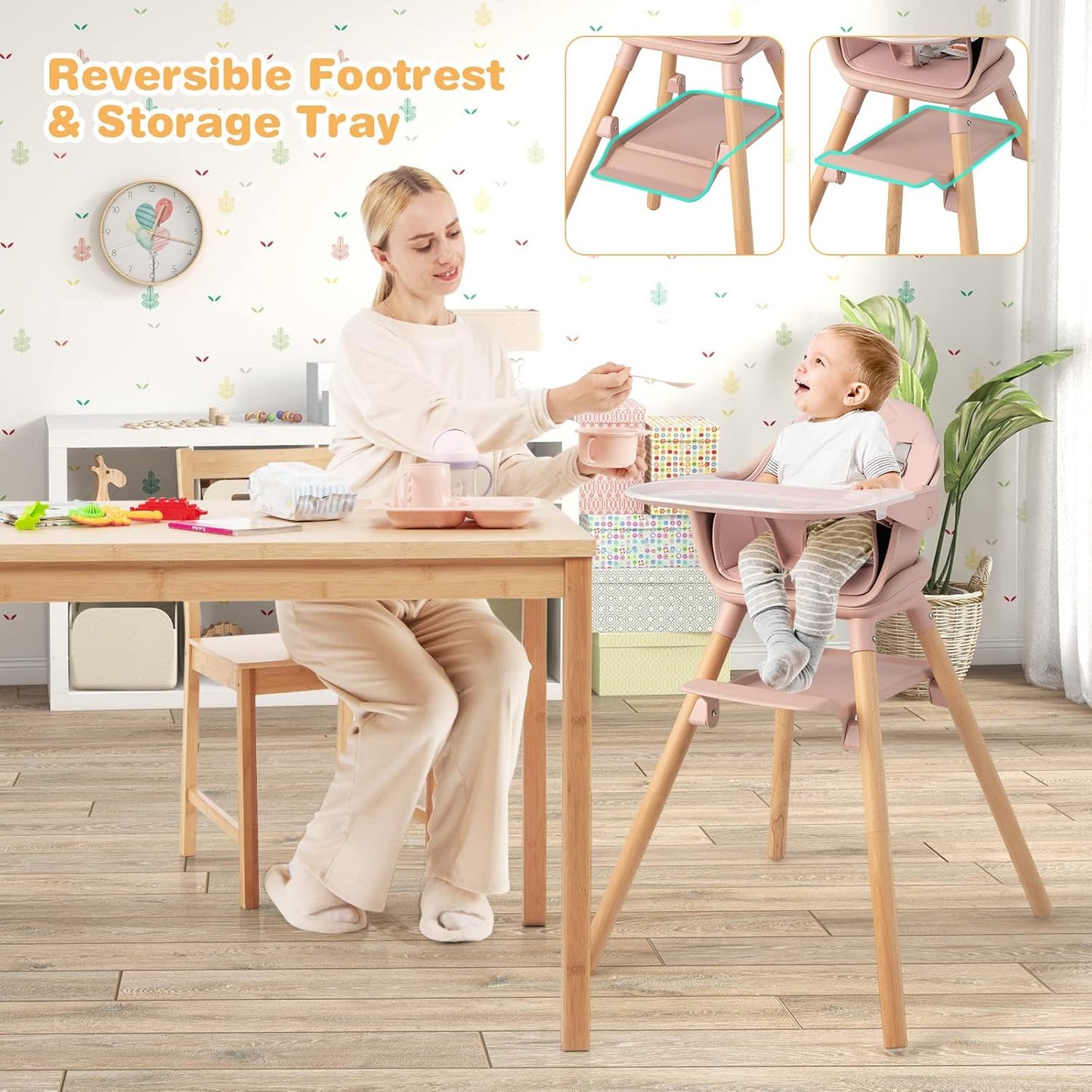 HONEY JOY Baby High Chair, 6 In 1 Convertible Wooden Highchair for Babies and Toddlers/Toddler Chair/Bar Stool, Removable Double Tray & Reversible Footrest, Safety Harness for Infant Boys Girls (Pink)