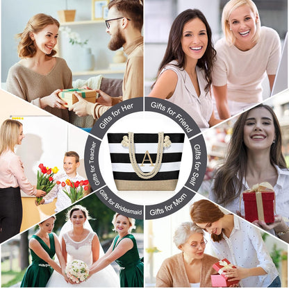 YOOLIFE Initial Canvas Waterproof Beach Tote Bag Zipper Personalized Gifts for Women Her Birthday Travel Beach Essential