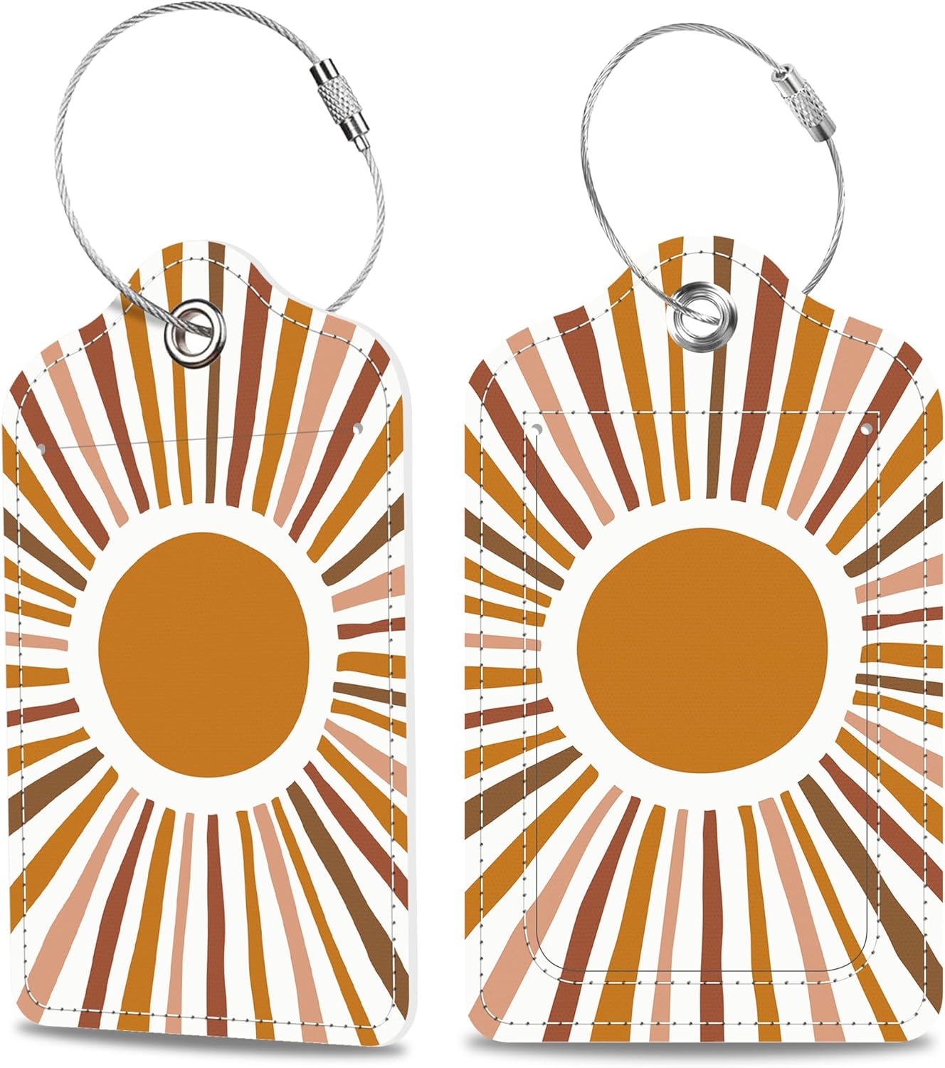 Scandinavian Style Abstract Sun Luggage Tags 2PCS PU Leather Suitcases Tag with Stainless Steel Loop and Privacy Name Address Cover Label Card for Women Men Travel