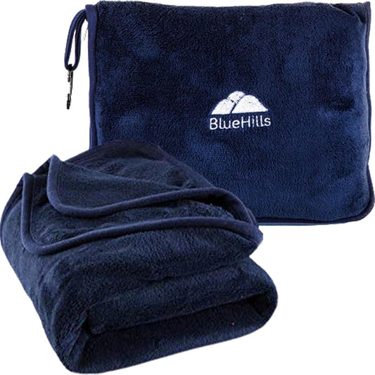 BlueHills Premium Soft Long Travel Blanket Pillow for Tall Airplane Flight Blanket Throw Luggage Belt & Backpack Clip Compact Packable Car Large 2 in 1 Combo Warm Gifts Navy Blue T051