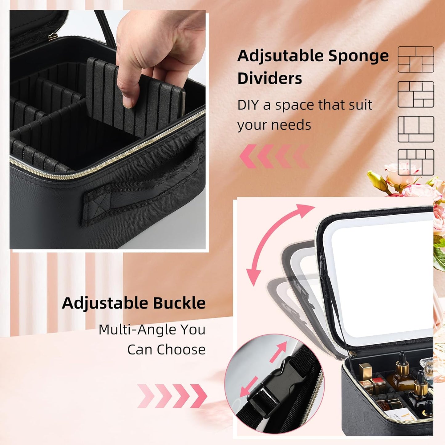 Travel Makeup Bag with LED Mirror – Waterproof Cosmetic Train Case with Adjustable Dividers, Portable Makeup Organizer and Toiletry Bag for Women, Pink Teens & Girls Gift