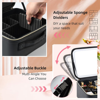 Travel Makeup Bag with LED Mirror – Waterproof Cosmetic Train Case with Adjustable Dividers, Portable Makeup Organizer and Toiletry Bag for Women, Pink Teens & Girls Gift