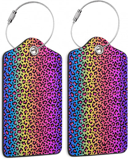 2 Pack Leather Luggage Tag for Suitcase Neon Rainbow Colored Leopard Print Unique Travel Tags with Privacy Cover ID Label & Stainless Steel Loop for Men and Women Baggage