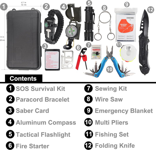 Survival Kit - All-in-One Survival Gear and Supplies for Camping, Hiking, Hunting, and Car Emergencies - Essential Tools, Great Gift for Men, Fathers, Boyfriends, Boys, Dads and Scouts