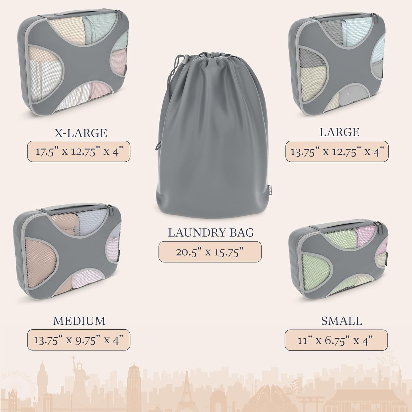 Shacke Premium 5 Packing Cubes Set - Lightweight Mesh Travel Luggage Organizers with Laundry Bag, 5-Piece Suitcase Storage System (Charcoal Gray)