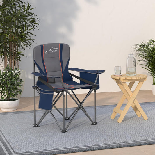 FAIR WIND Oversized Fully Padded Camping Chair with Lumbar Support, Heavy Duty Quad Fold Arm Chair with Cooler Bag - Support 450 LBS，Blue