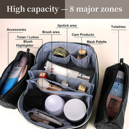 BOYATU Travel Makeup Bags for Women: 3-Set Large Capacity Make up Bags with Compartments - PU Leather Cosmetic Bag for Traveling (L15 Black)