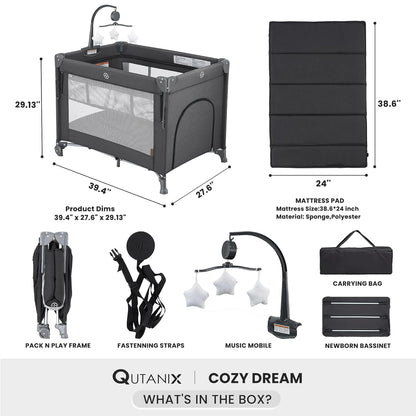 2-in-1 Pack and Play with Mattress,Baby Bassinet Bedside Sleeper, Bedside Bassinet & Baby Playpen, Easy Folding Portable Crib for Newborn to Toddlers (Dark Grey)