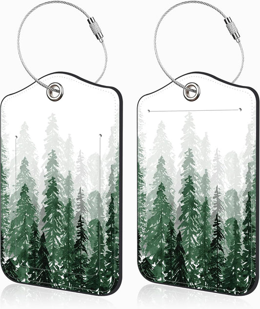2 Pack Luggage Tags for Suitcases Watercolor Foggy Forest Leather Luggage Tags Privacy Cover ID Label with Stainless Steel Loop and Address Card for Women Men Travel Bag Backpack