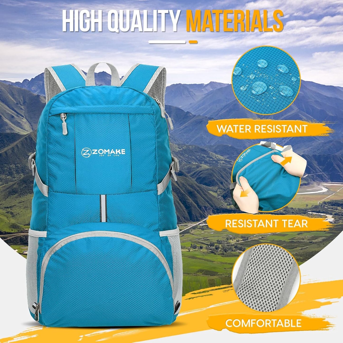 ZOMAKE Lightweight Packable Backpack 35L, Light Foldable Backpacks Water Resistant Collapsible Hiking Bag, Compact Folding Day Pack for Travel Camping(Light Blue)