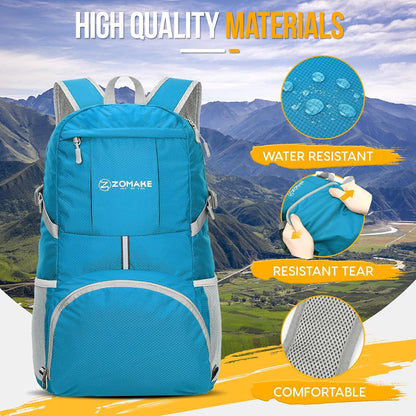 ZOMAKE Lightweight Packable Backpack 35L, Light Foldable Backpacks Water Resistant Collapsible Hiking Bag, Compact Folding Day Pack for Travel Camping(Light Blue)