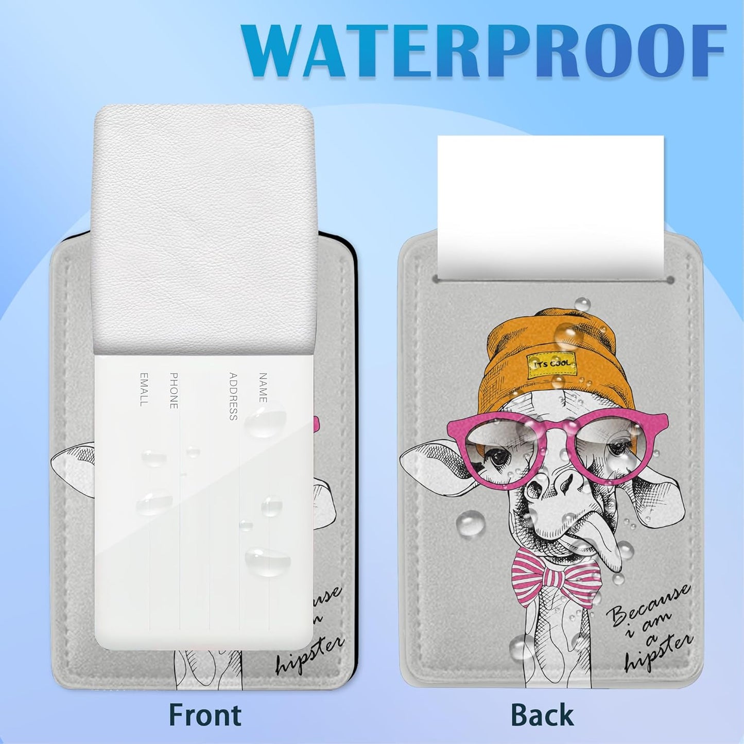 Funny Giraffe 2 Pack Luggage Tag for Suitcase, Cute Unique Leather Bag Tags Identifiers Privacy Cover ID Label with Durable Steel Loop for Women Men Kids Girls Travel