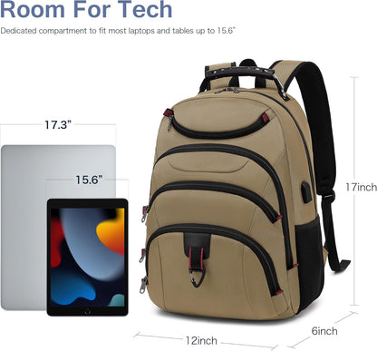 Boavan Laptop Backpack for men, 15.6 inch Laptop Bag with USB Port, Waterproof Travel Work Backpack Purse, Anti-Theft Teacher Nurse Doctor Casual Bookbags Office Business backpack，Khaki