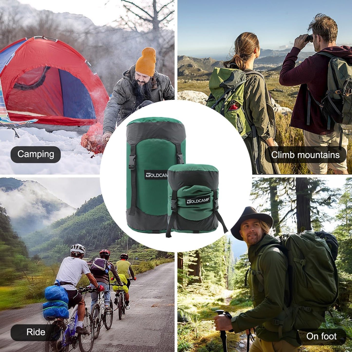 GoldCamp Compression Sack, 40% More Storage! 18L/30L/43L/49L/65L Compression Stuff Sack, Waterproof & Ultralight Sleeping Bag Stuff Sack - Space Saving Gear for Camping, Hiking (Green, XXXL)