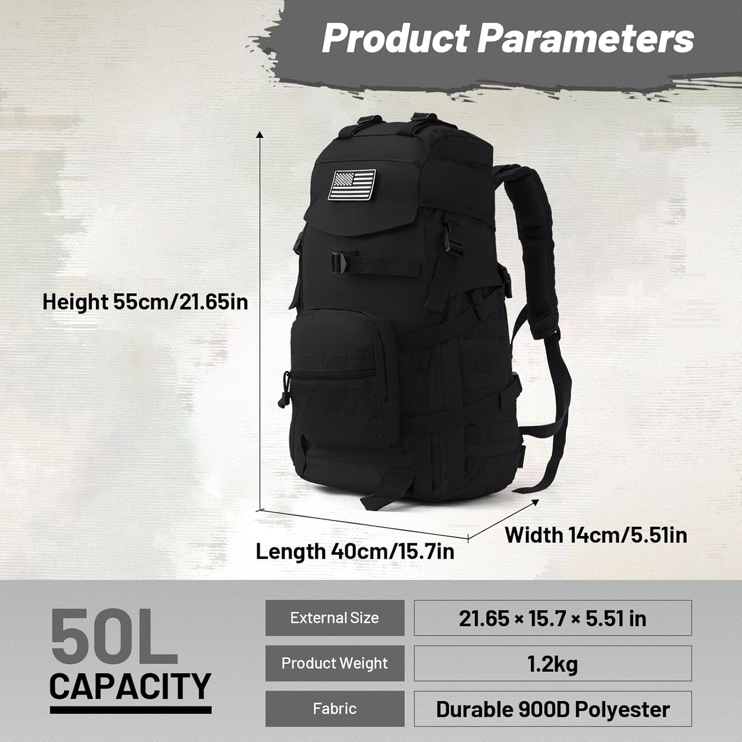 50L Tactical Backpack for Men and Women, Water-Resistant Molle Rucksack, Large Military Assault Pack for Hiking, Hunting, Camping, Gym & Outdoor Survival Black