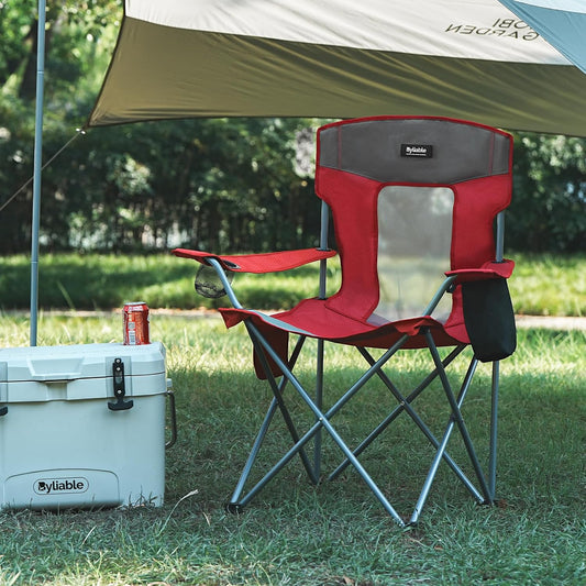 Camping Folding Chair Outdoor Lawn Portable Lightweight Camp Folding Chairs for Adult Outside with Cup Holder, Cooler Pouch & Side Pocket for Camping, Beach, Fishing, Sports or Tailgating Events