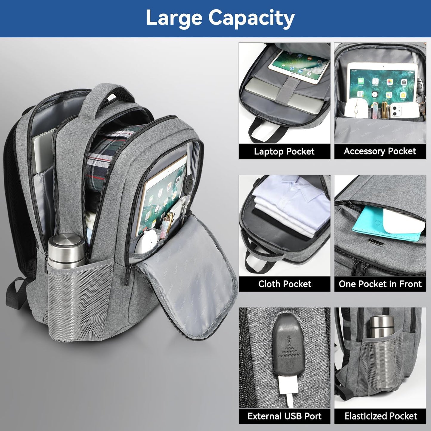 Voova Travel Laptop Backpack, Business Work Laptop Backpack for Women & Men with USB Charging Port, Waterproof Slim Durable College Computer Bag Fits 15.6 Inch Laptops and Notebook, Grey