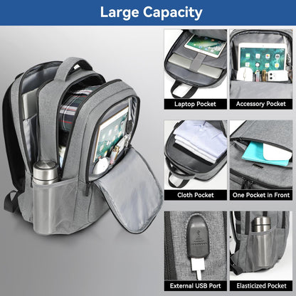 Voova Travel Laptop Backpack, Business Work Laptop Backpack for Women & Men with USB Charging Port, Waterproof Slim Durable College Computer Bag Fits 15.6 Inch Laptops and Notebook, Grey