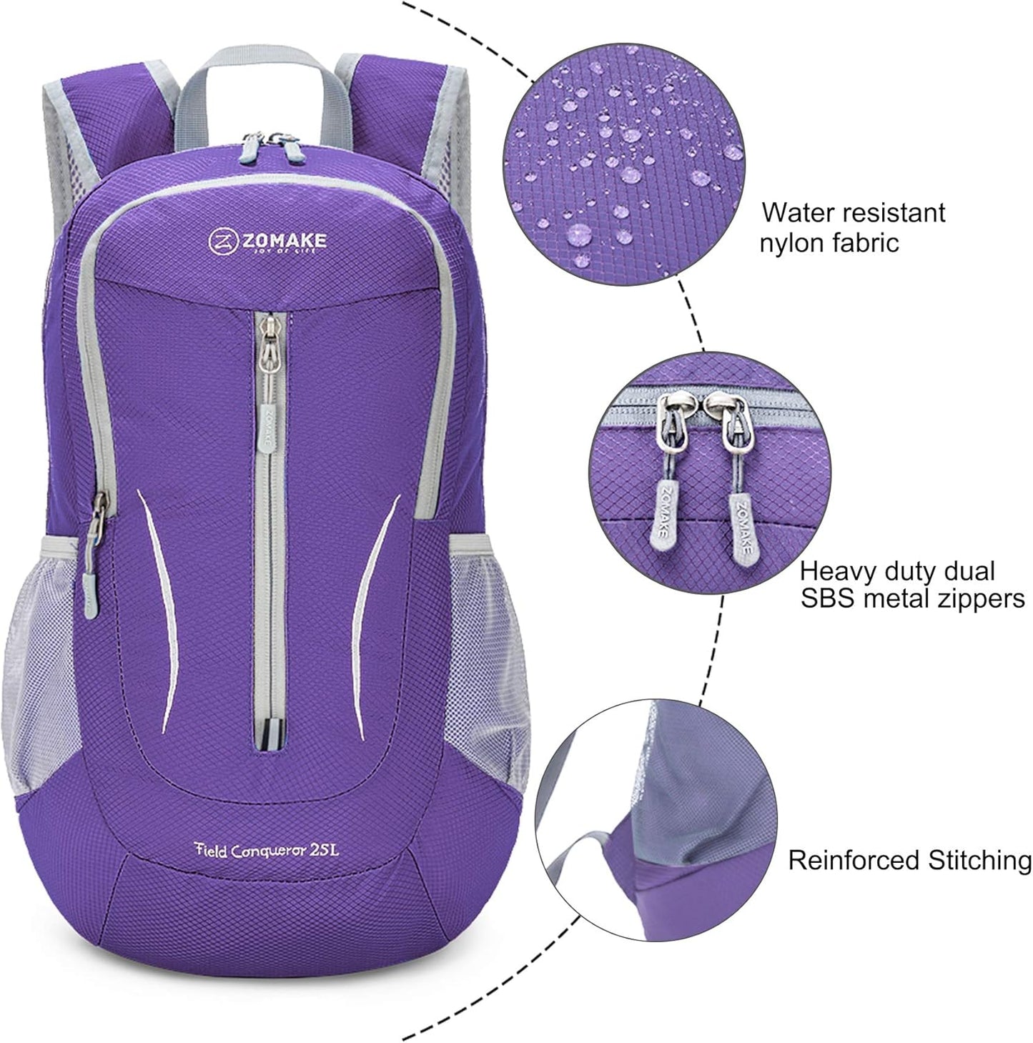 ZOMAKE Ultra Lightweight Packable Backpack 25L, Foldable Hiking Backpacks Water Resistant Small Folding Daypack for Travel(Purple)