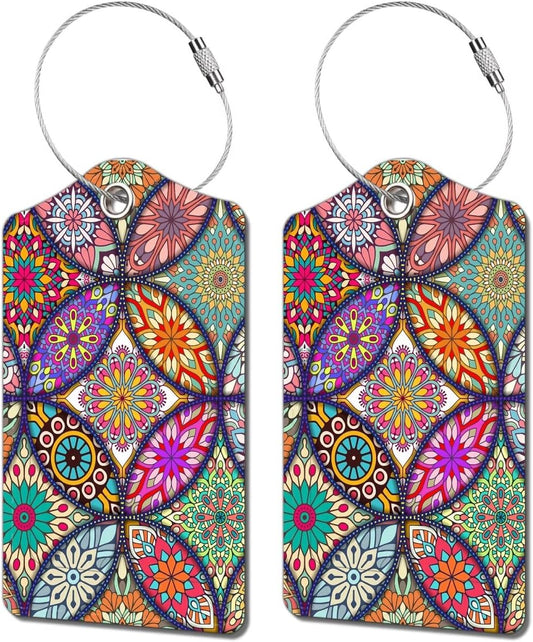2 Pack Luggage Tag for Suitcase, Cute Unique Leather Bag Tags Identifiers Privacy Cover ID Label with Durable Steel Loop for Women Men Kids Girls Travel, Bohemia