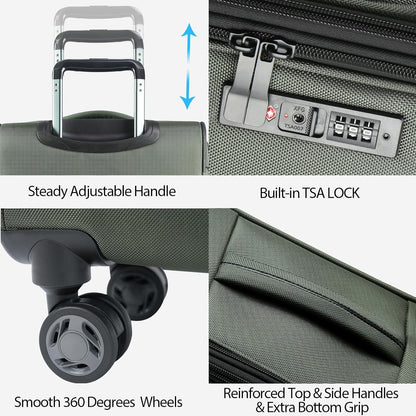 KROSER Softside Expandable Carry On Luggage with Spinner Wheels & Built-in TSA Lock, Durable Suitcase Rolling Luggage with USB Port, Carry-On 20-Inch, Army Green