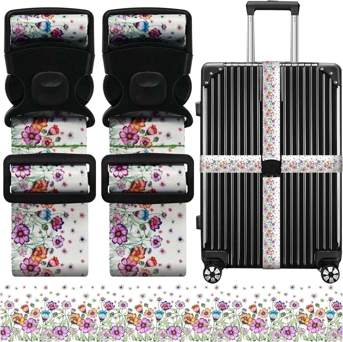 Luggage Straps for Suitcases, Travel Adjustable Belt with Quick Release Buckle, Heavy Duty Nylon Bag Packing Strap, Unique Bright Identifiers Business Travel Accessories (2 Pack) - Colorful Daisy