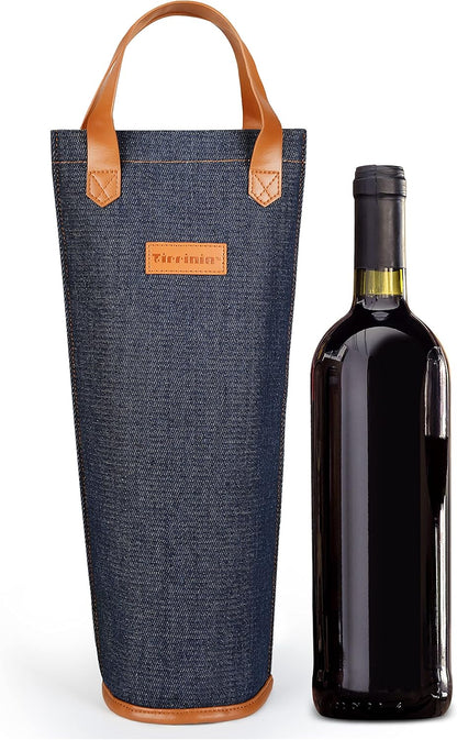 Tirrinia Single Wine Carrier Tote, Insulated Wine Cooler Bag for Travel, Picnic, & Wine Gifts – Thermal Padded Wine Bottle Holder Tote for Men & Women, Wine Gift for Wine Lovers,Dark Blue