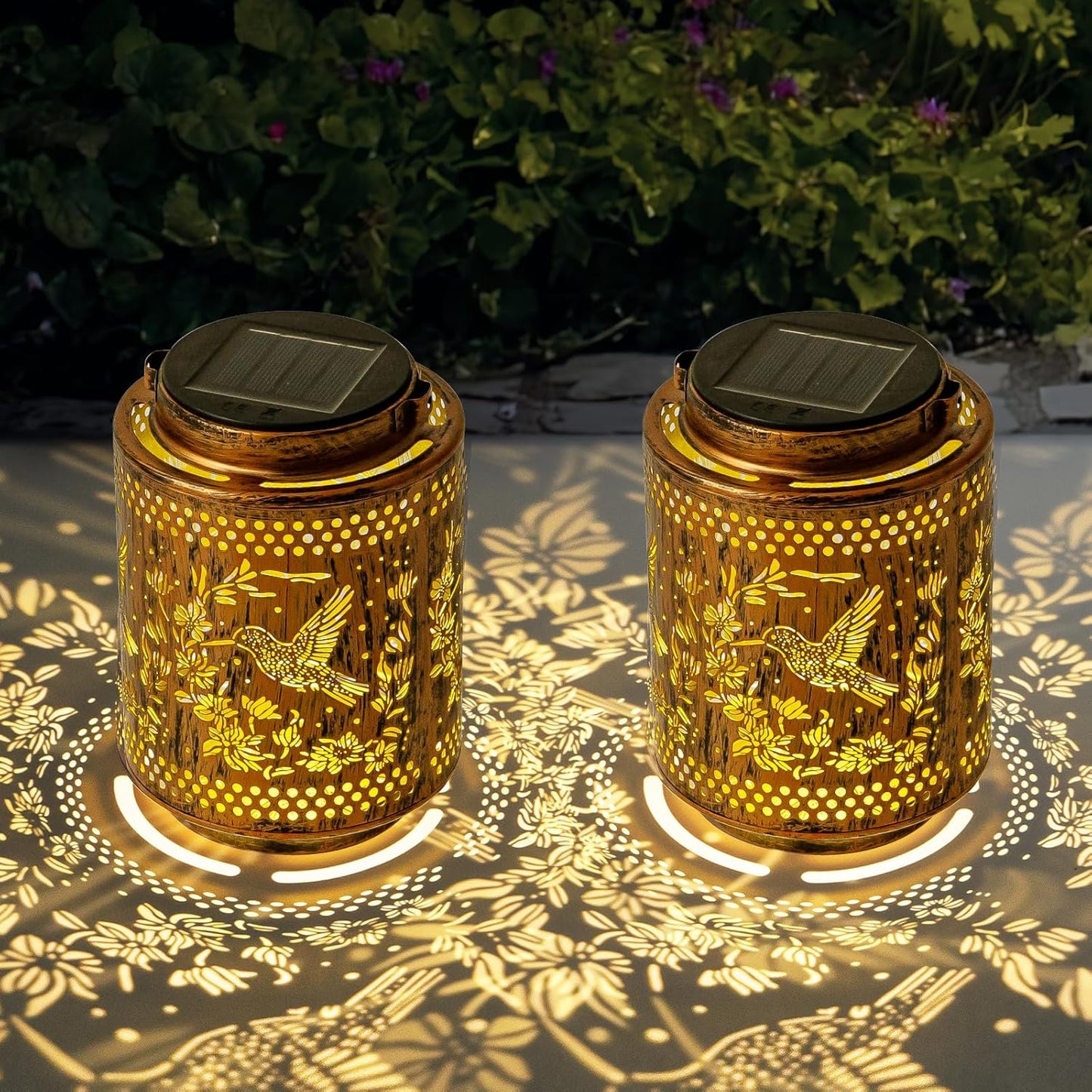2 Pack Solar Lanterns Outdoor Waterproof Hummingbird and Iris Hanging Garden Lights with Metal Build Decorative Warm Light Solar Lamps for Patio Yard Gifts for Women