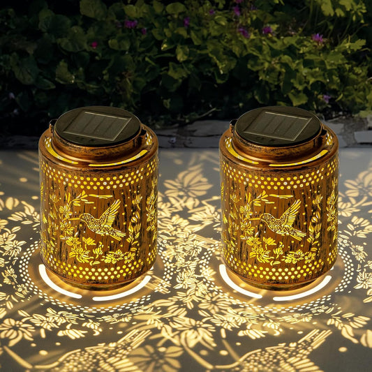 2 Pack Solar Lanterns Outdoor Waterproof Hummingbird and Iris Hanging Garden Lights with Metal Build Decorative Warm Light Solar Lamps for Patio Yard Gifts for Women