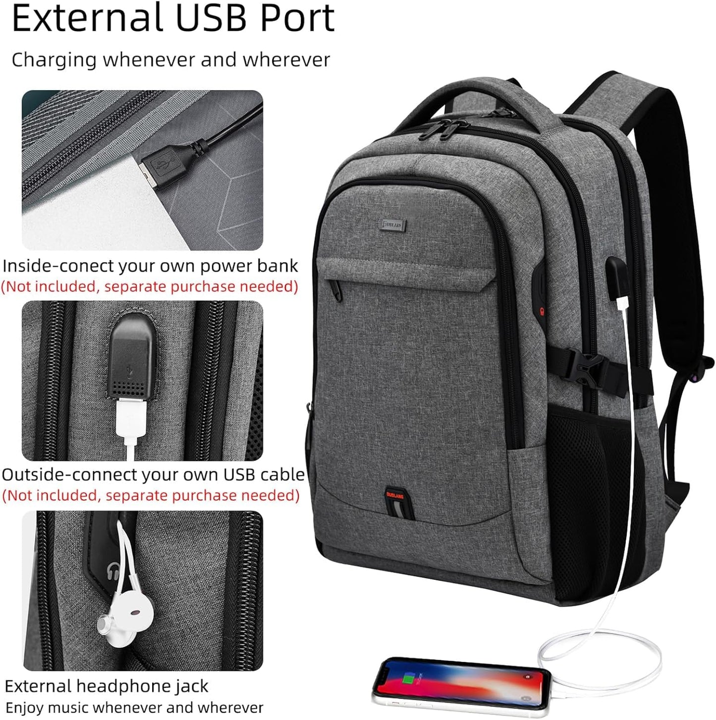 DUSLANG 17 Inch Travel Laptop Backpack Water Resistant College Backpack for Men/Women Laptop Bag with USB Charging Port, Light Grey and Black